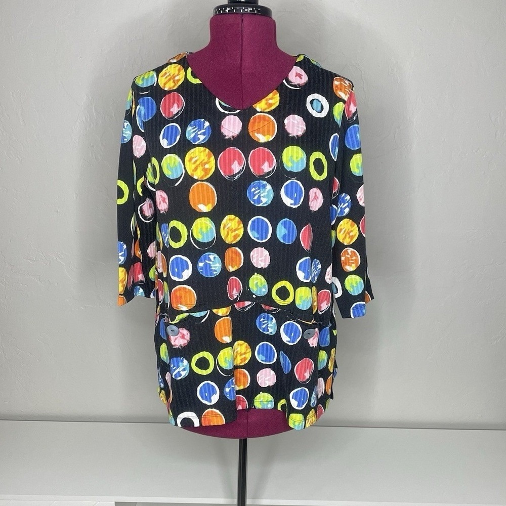 Ali Miles Blouse‎ Womens PL Black Multi Color Polka Dot V-Neck 3/4 Sleeve Top